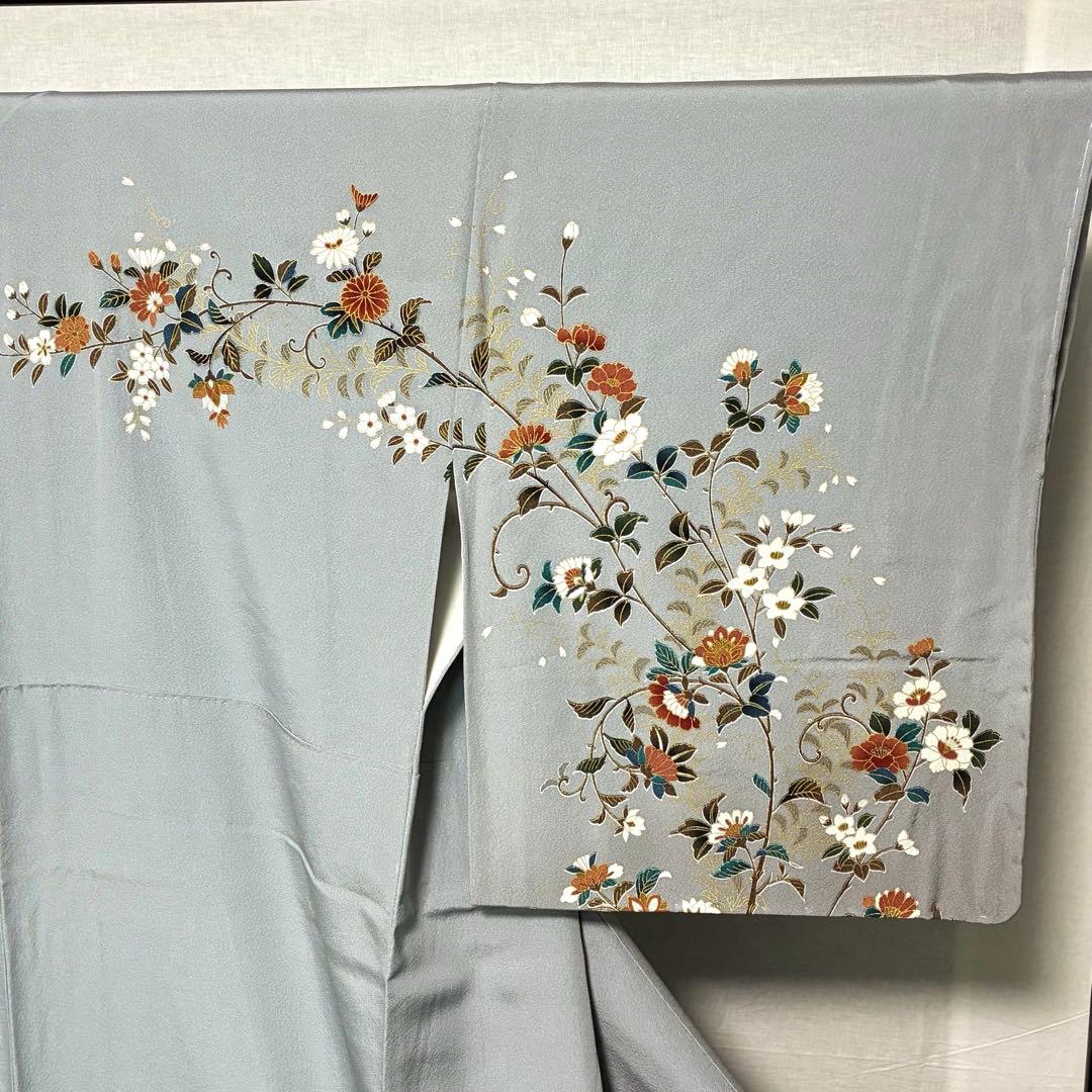 D58 訪問着 唐花 ブルーグレー 正絹 着物 袷 しつけ糸付き未使用極美品
