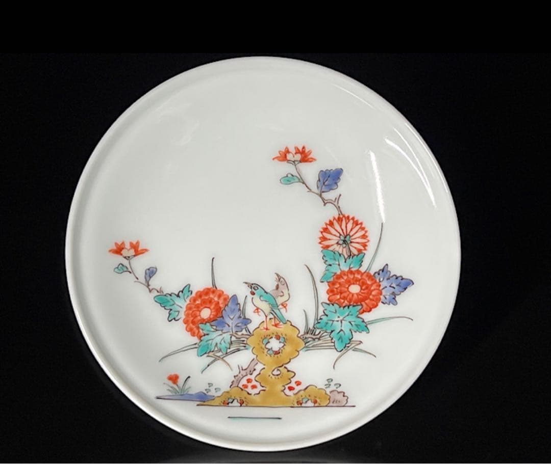 人間国宝十四代 酒井田柿右衛門 錦菊鳥文　額皿　共箱　栞　皿立付