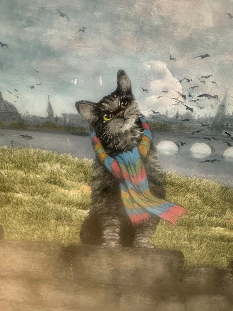 井上覚造　油彩画　セーヌの猫