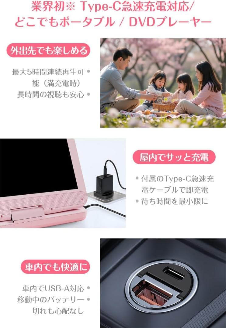 ポータブルDVDプレーヤー 10.5型 Type-C充電 目に優しい ピンク