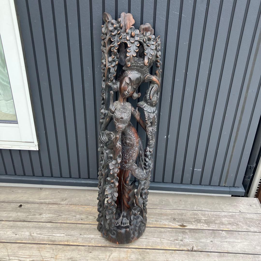 アジアンレトロ バリ 銘木一枚板 女性 女神像 民族 木彫り彫刻 オブジェ 飾り