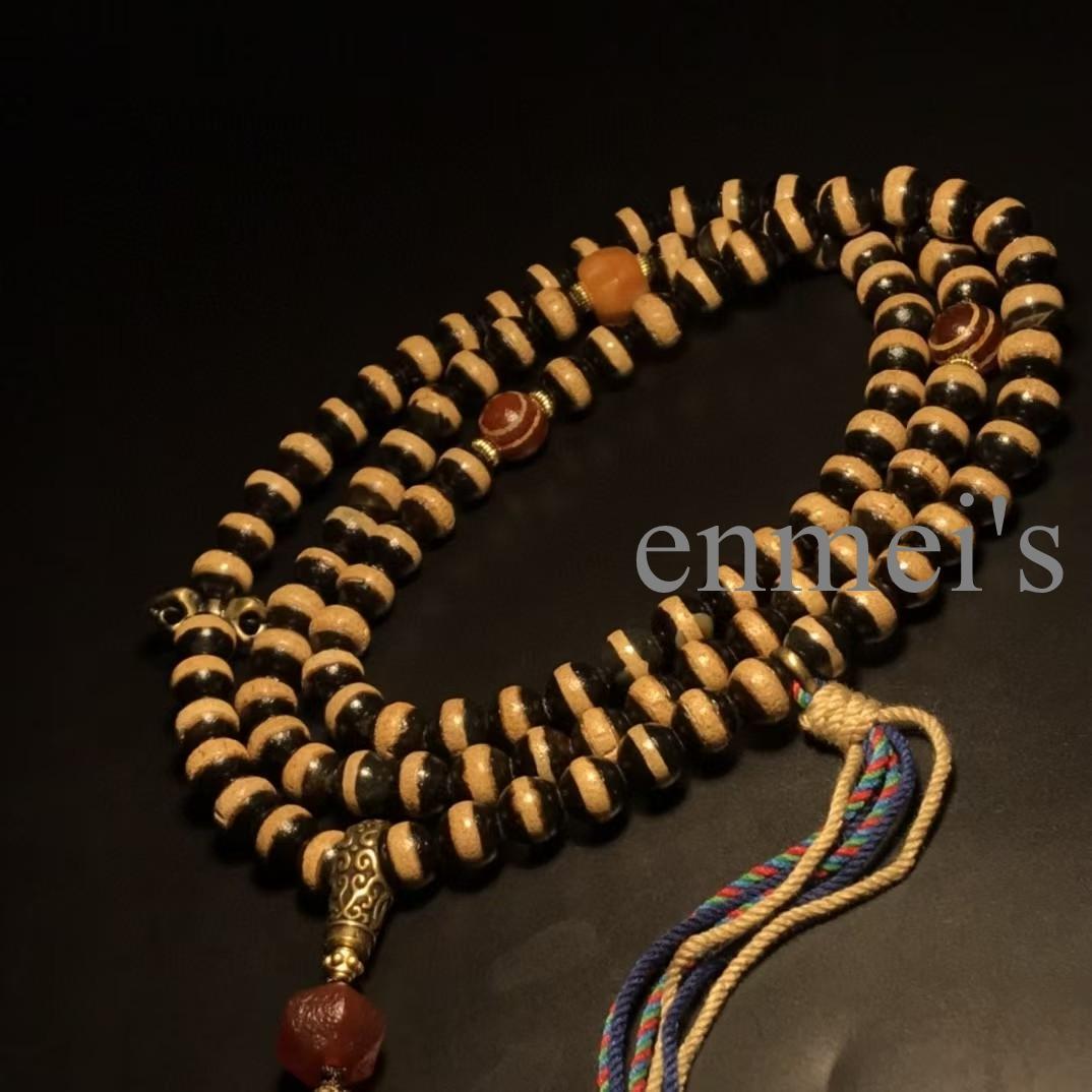 旧蔵チベット・古瑪瑙薬師珠念珠108粒×宝瓶天珠ネックレス・仏珠・文房具・古仏具