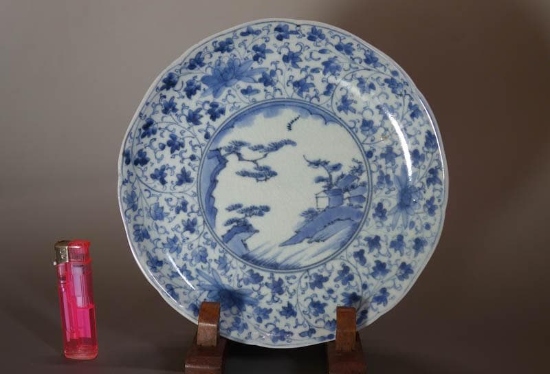 古伊万里　染付　花唐草　山水文 塔屋文　中皿　藍柿右衛門　江戸中期　　2083