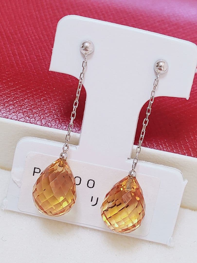 新作 未使用品 pt900 大粒 天然シトリン ロング ピアス