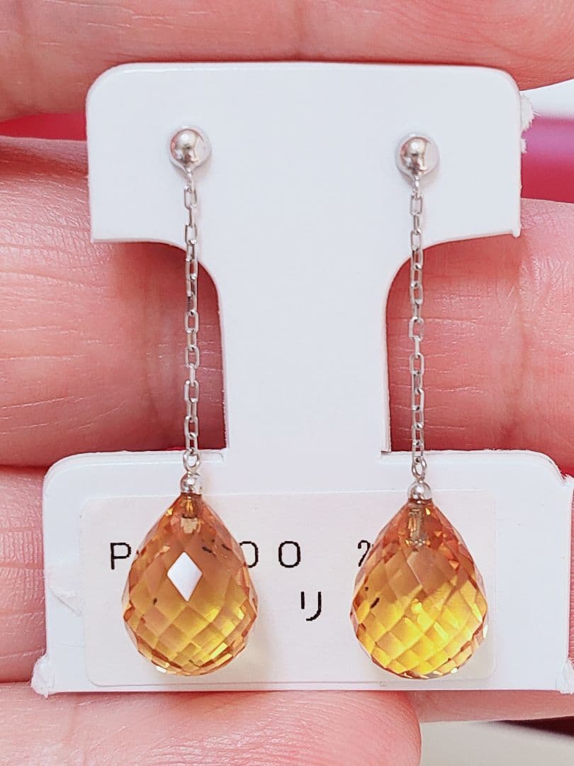 新作 未使用品 pt900 大粒 天然シトリン ロング ピアス