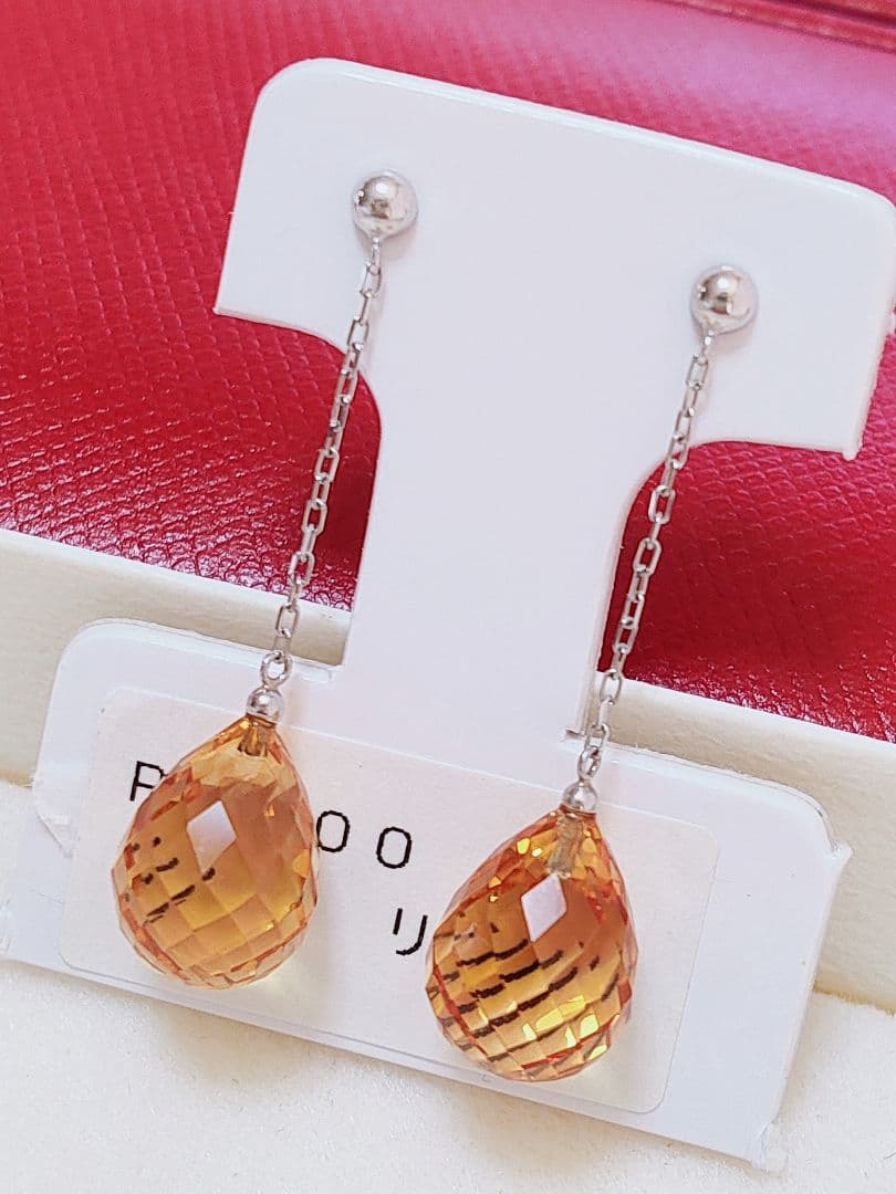 新作 未使用品 pt900 大粒 天然シトリン ロング ピアス