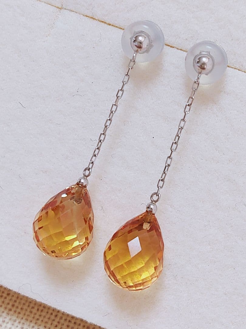 新作 未使用品 pt900 大粒 天然シトリン ロング ピアス