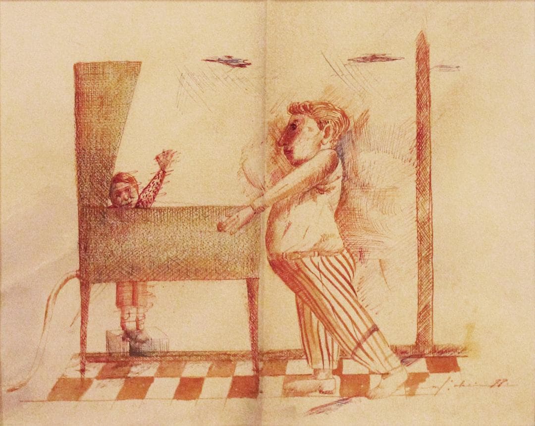 筧本生 ぺンデッサン『カフェでピンボールをする男』 かけいもとなり 1979年