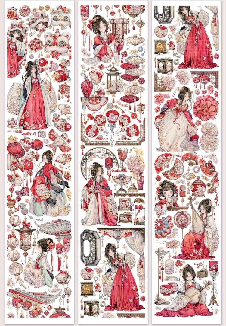 【9401】海外3/5/巻　貝殻光マスキングテープ　獅子先生新作　赤　人物古風系