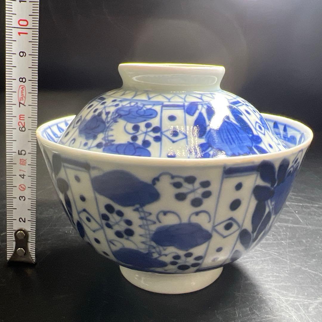 江戸中期　古伊万里染付芙蓉手蓋茶碗　14客と身1点　木箱　東Y8-0116☆2F