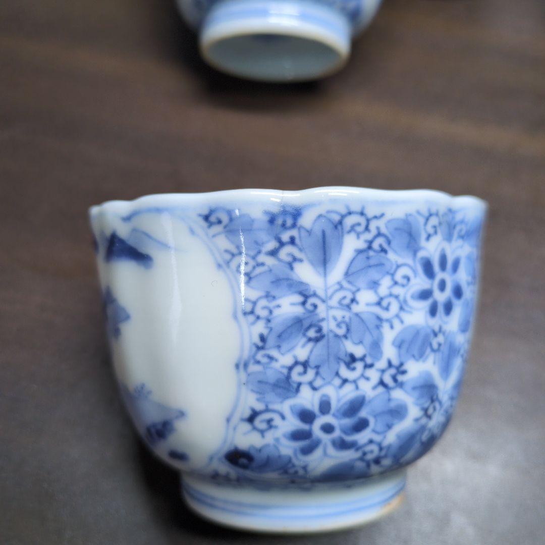 古伊万里 染付 山水花唐草文 輪花口 向付 五客 玄銘有