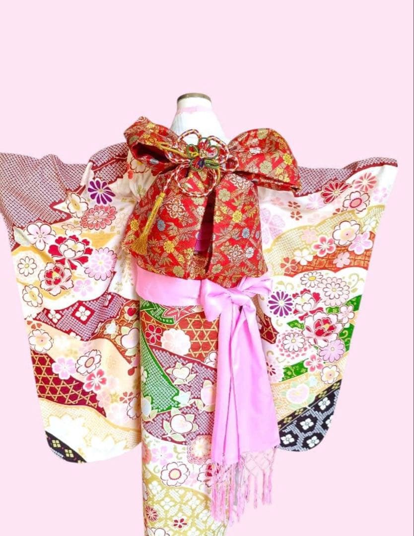 新品☆七五三着物四つ身作り帯フルセット(赤緑ピンク黄色)