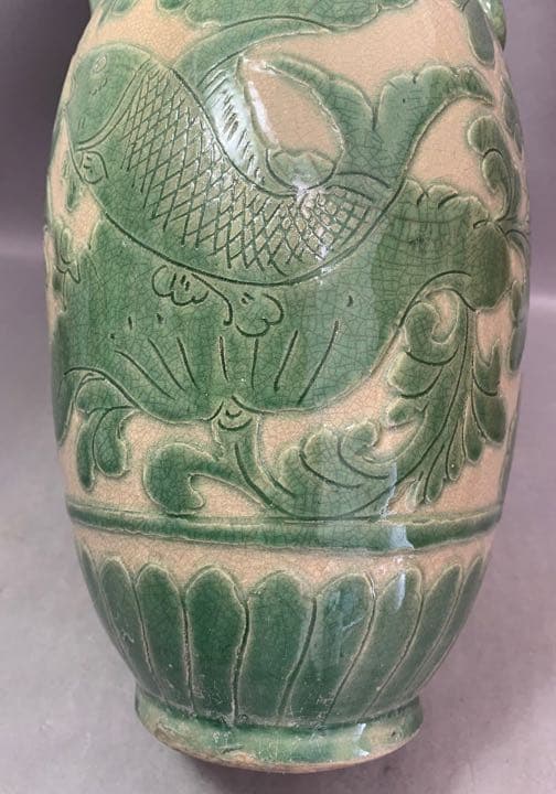 中国 緑釉魚絵水注　u6221009