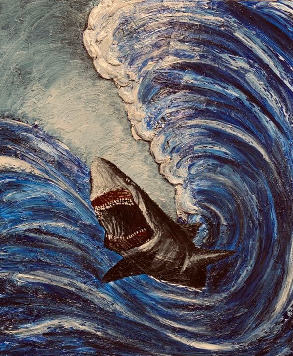 波とサメの油絵