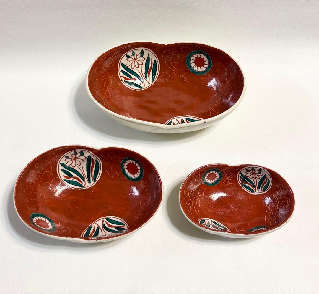 九谷焼 暁堂 赤絵 花文 変形楕円鉢 大中小 セット 上質 和食器 手描き