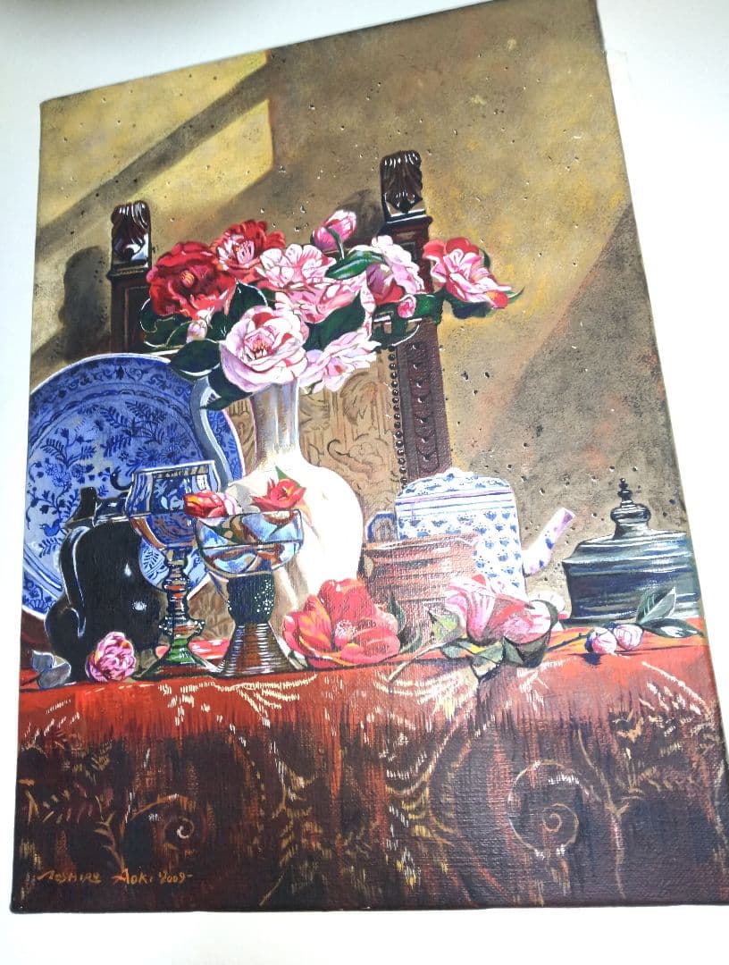 青木敏郎、絵画、油彩4号、椿レーマ杯染付皿、高級額縁、肉筆、森本草介、東郷青児。