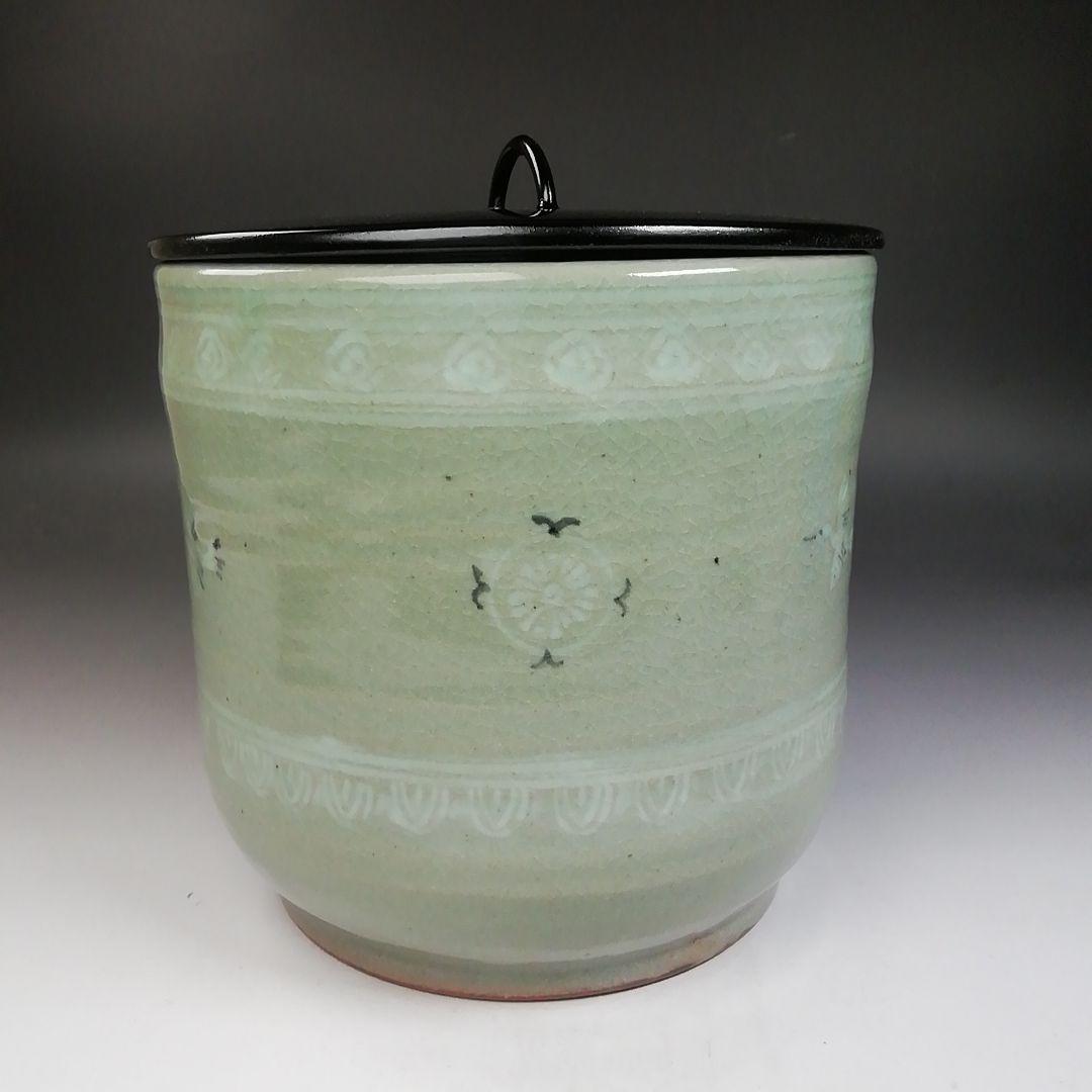 Ｔ７６５　水指　『青磁　雲鶴』『中村与平 造』　共箱　茶道具