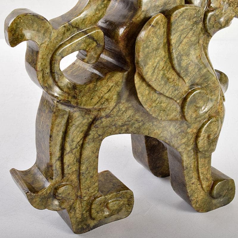 中国　玉石碧玉彫刻　龍鈕蓋爐　獅子香炉　飾壷　唐木台付　M　4741B