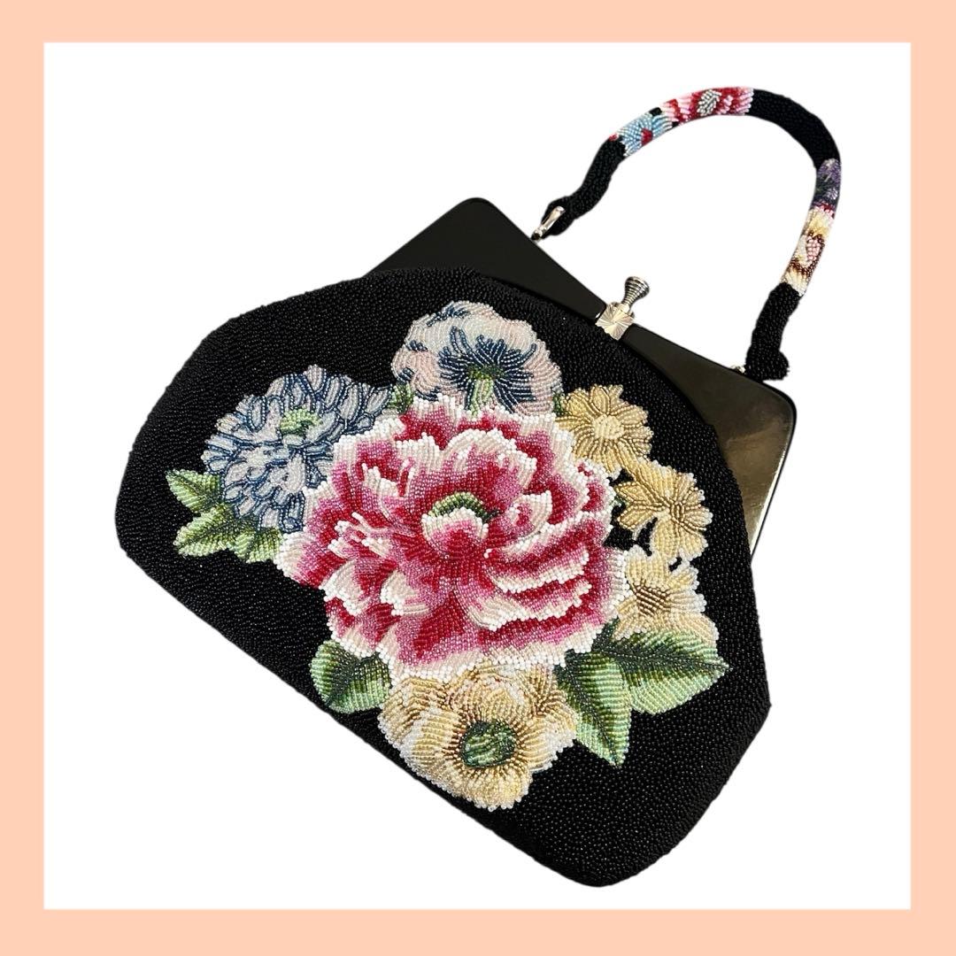 昭和レトロ　ヴィンテージ総ビーズバッグ　 花柄ハンドバッグ 黒がま口