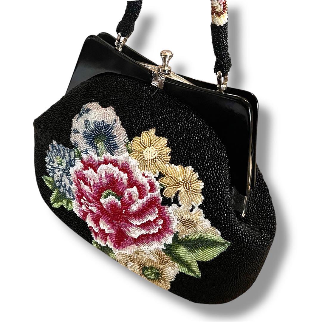 昭和レトロ　ヴィンテージ総ビーズバッグ　 花柄ハンドバッグ 黒がま口