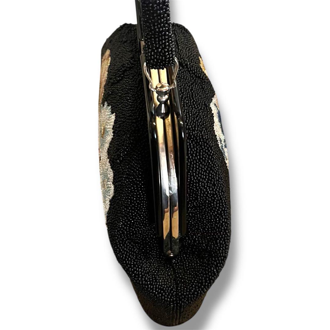 昭和レトロ　ヴィンテージ総ビーズバッグ　 花柄ハンドバッグ 黒がま口