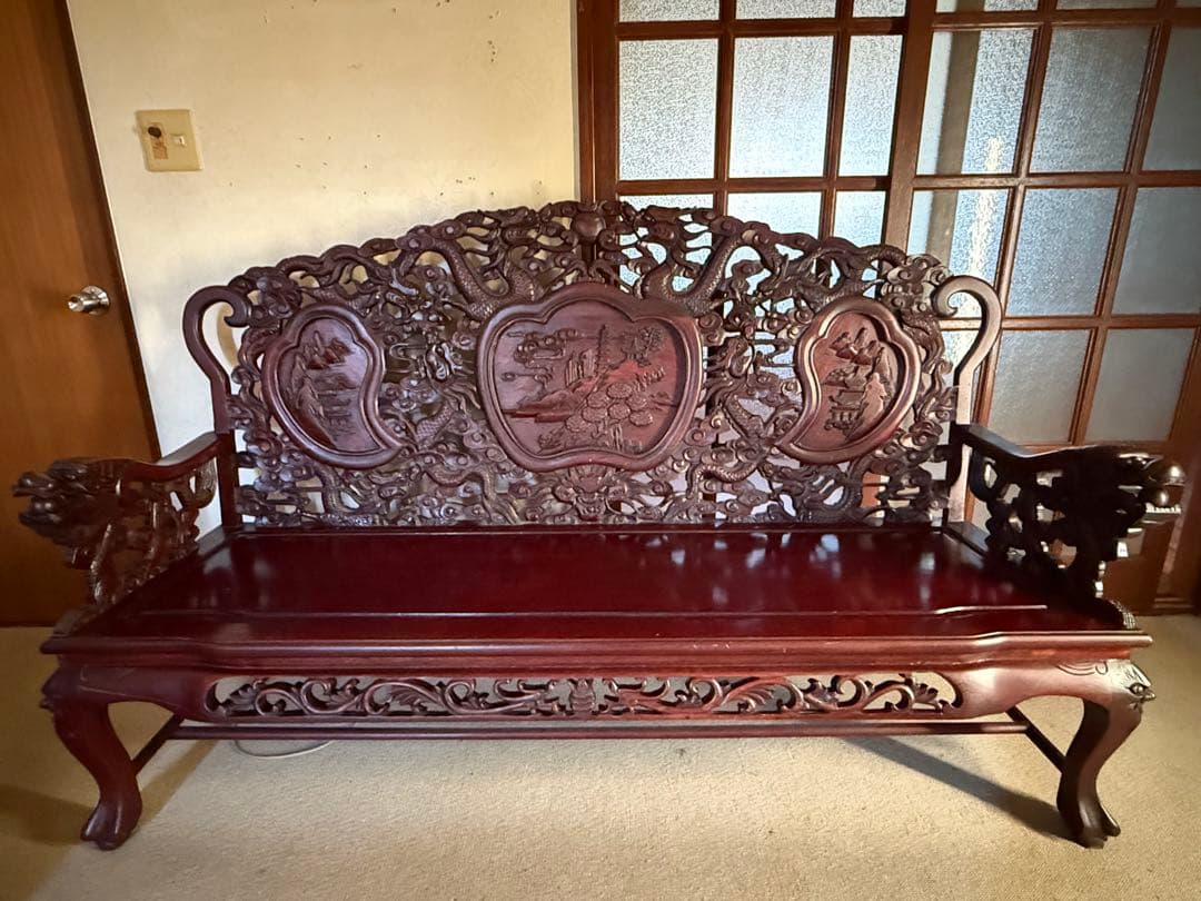 アンティーク家具 紅木家具 長椅子 3人がけ ベンチ 中国家具