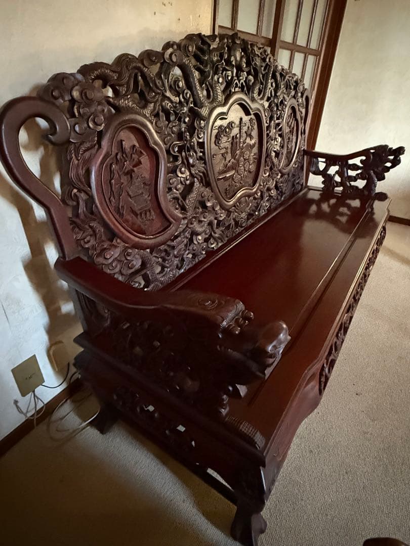 アンティーク家具 紅木家具 長椅子 3人がけ ベンチ 中国家具