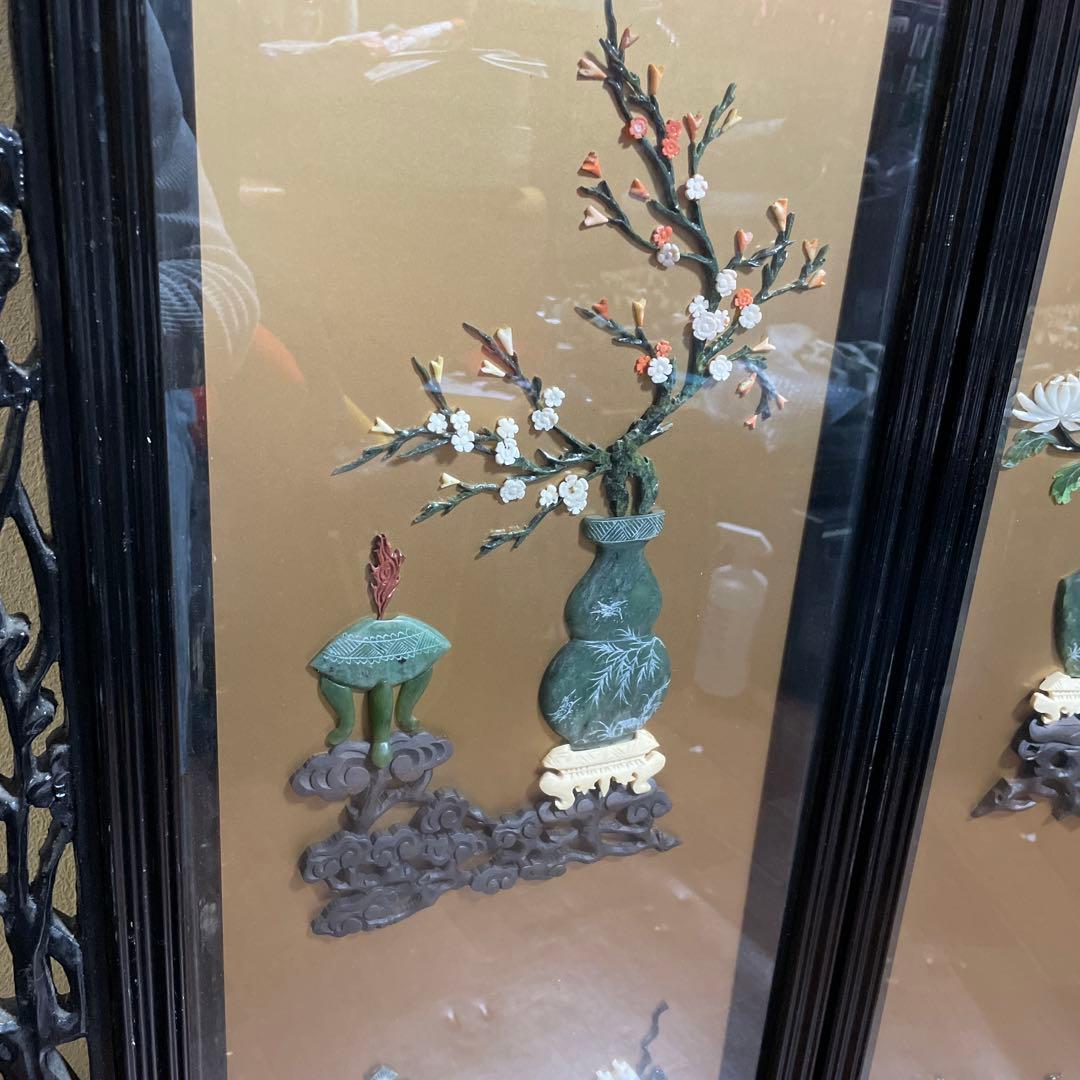 高級　中国美術骨董品　中国屏風　天然石　翡翠　珊瑚　縁起物　風水