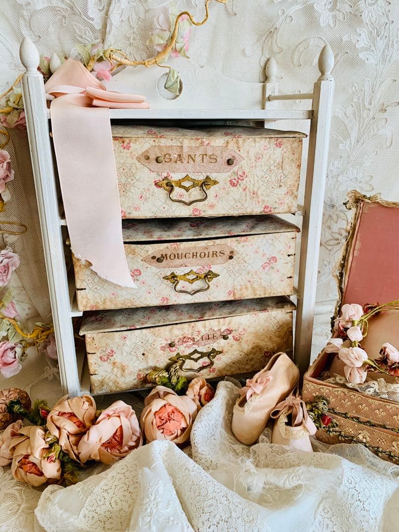 フランスアンティークローズ柄ファブリックカルトナージュドロワー※ピンクラベル