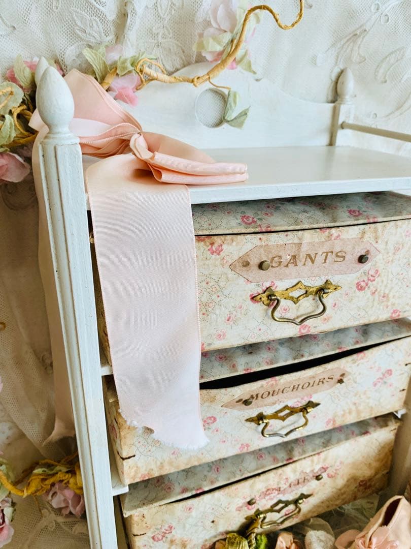 フランスアンティークローズ柄ファブリックカルトナージュドロワー※ピンクラベル
