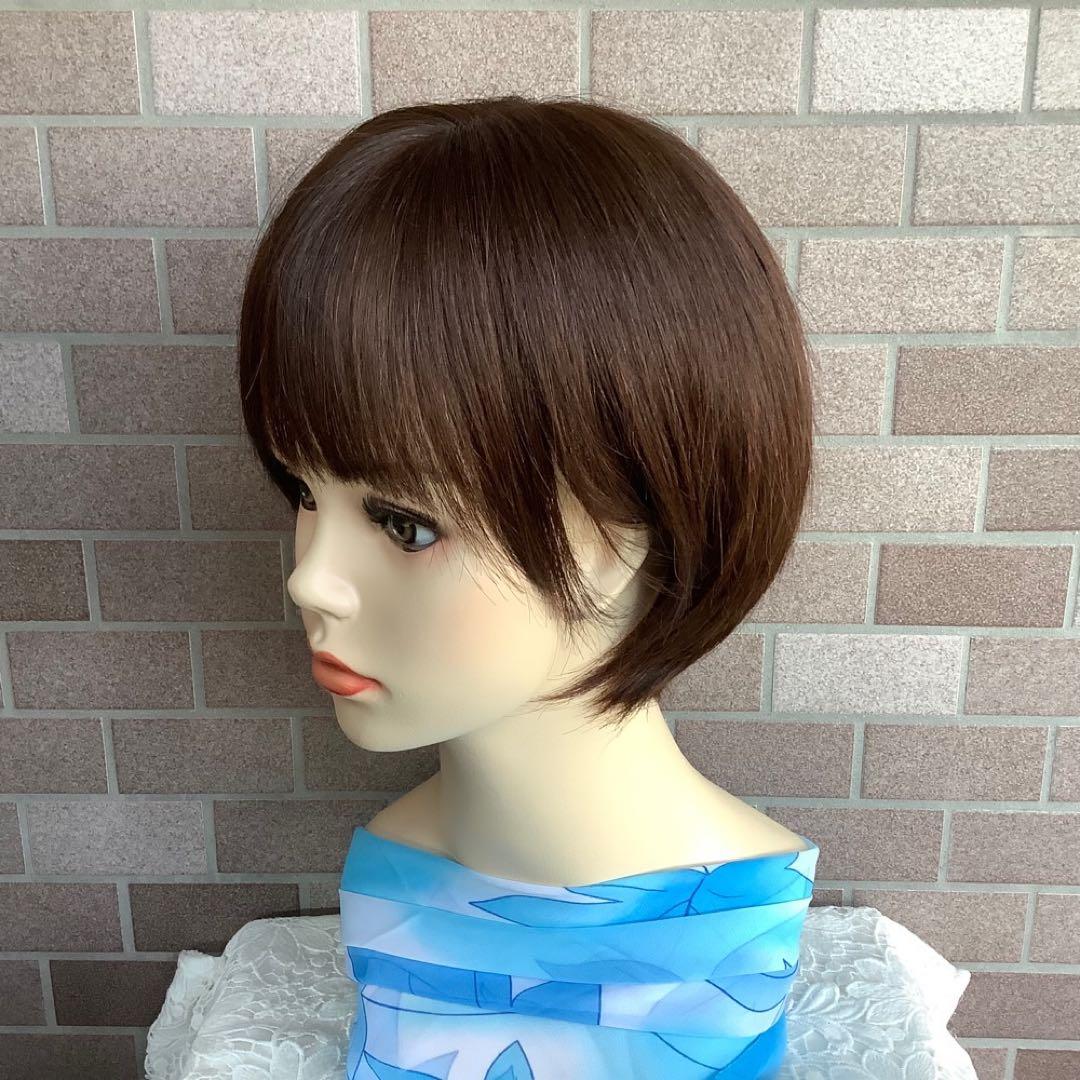 人毛100%￼ 手植え医療用フルウィッグ ウィッグ￼ ショートブラウン3D前髪￼