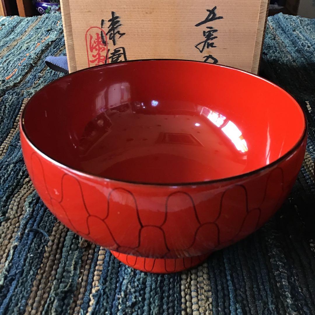 漆専堂　漆園　朱筋刀　四つ椀　黒網目　茶道具　茶席　5客　未使用品