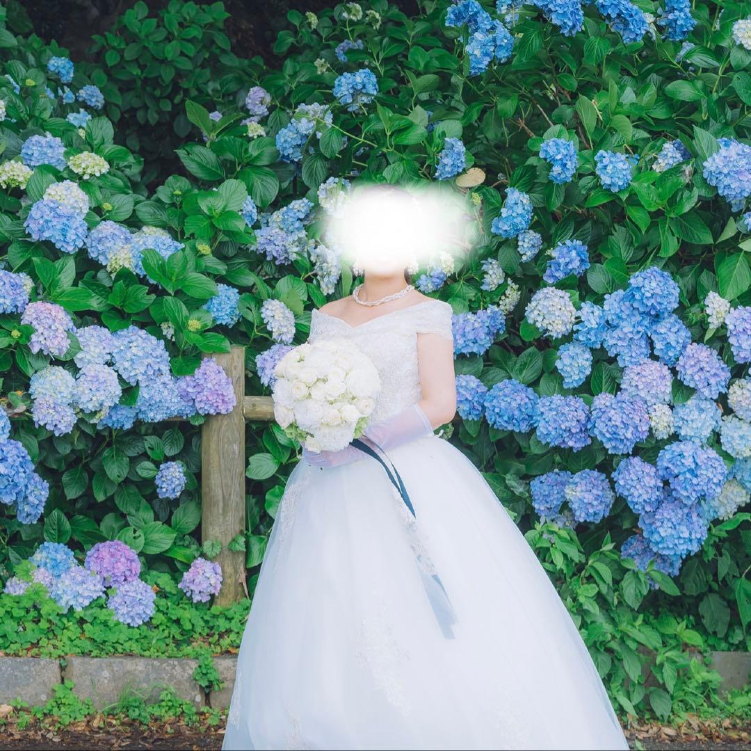 プリンセスライン　オフショルダー　ウェディングドレス　パニエ付き