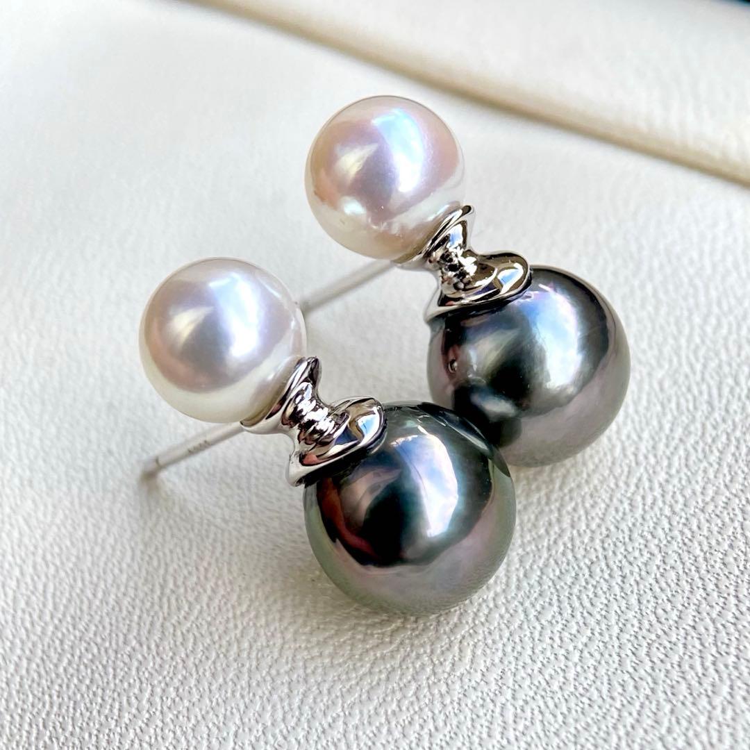 本真珠南洋黒蝶真珠とあこや真珠　双色　双子デザインs925ピアスBL932