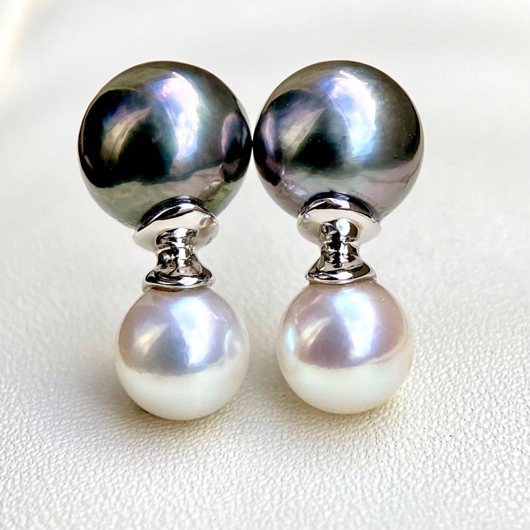 本真珠南洋黒蝶真珠とあこや真珠　双色　双子デザインs925ピアスBL932