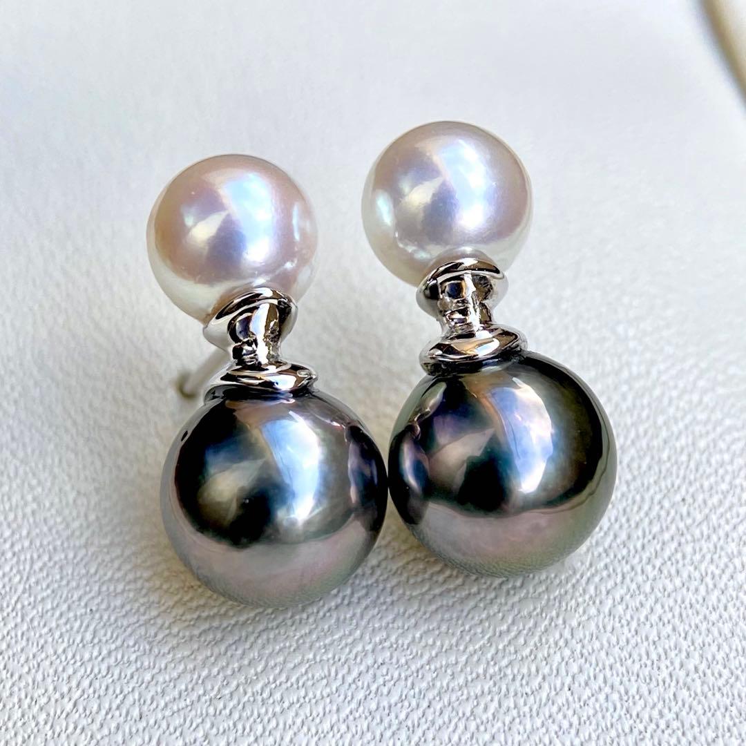 本真珠南洋黒蝶真珠とあこや真珠　双色　双子デザインs925ピアスBL932