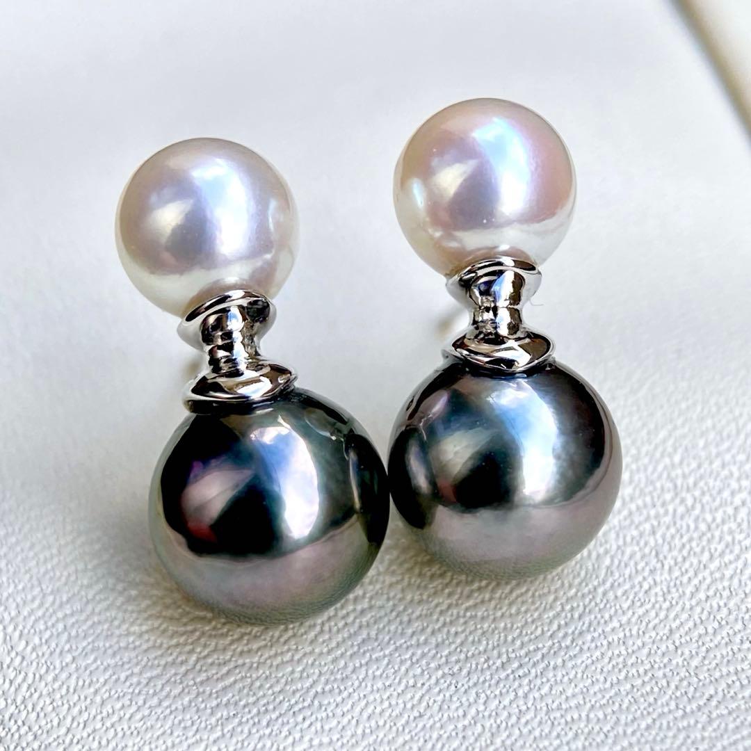 本真珠南洋黒蝶真珠とあこや真珠　双色　双子デザインs925ピアスBL932