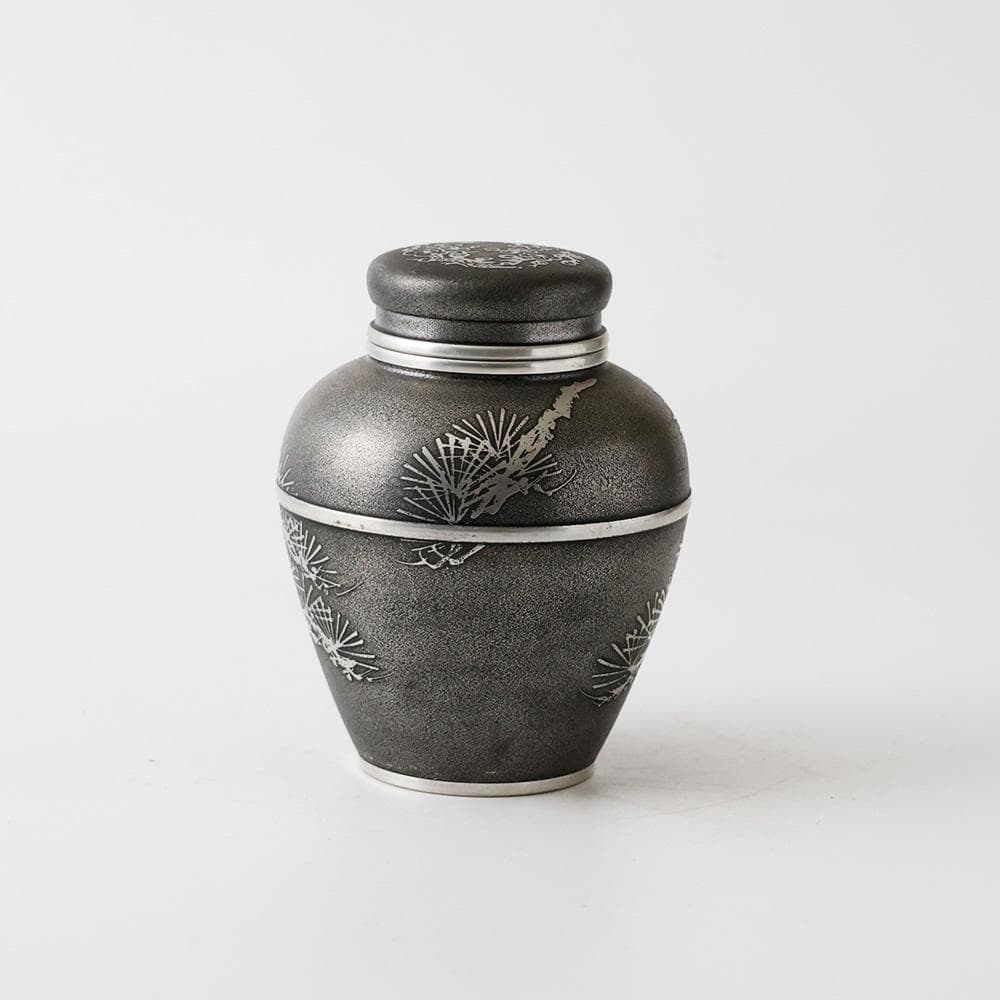 T 上錫　錫半　茶入　茶壺　茶入壺　四君子文　金属工芸　441ｇ