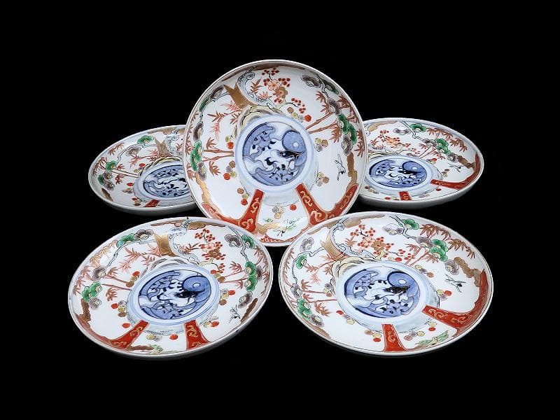 古伊万里　色絵　松竹梅に団龍紋の図　５寸皿　５枚　C657AS-CQk