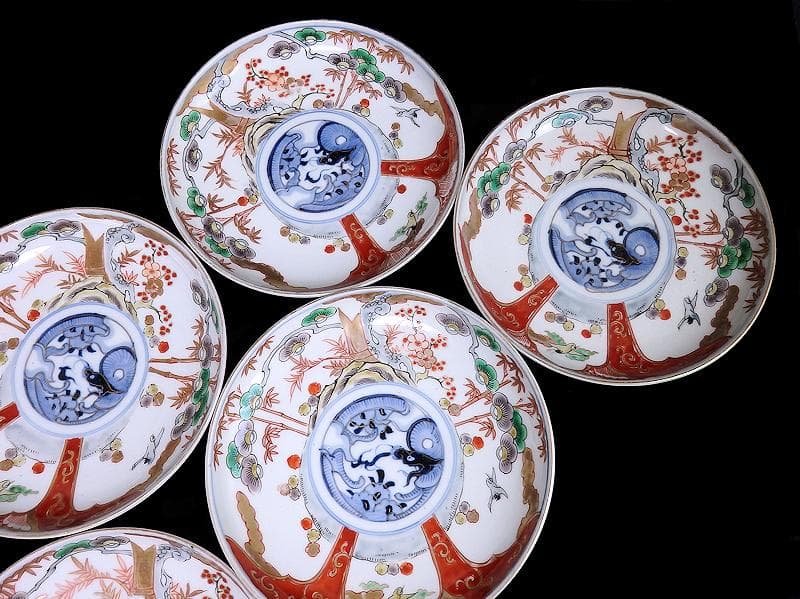 古伊万里　色絵　松竹梅に団龍紋の図　５寸皿　５枚　C657AS-CQk