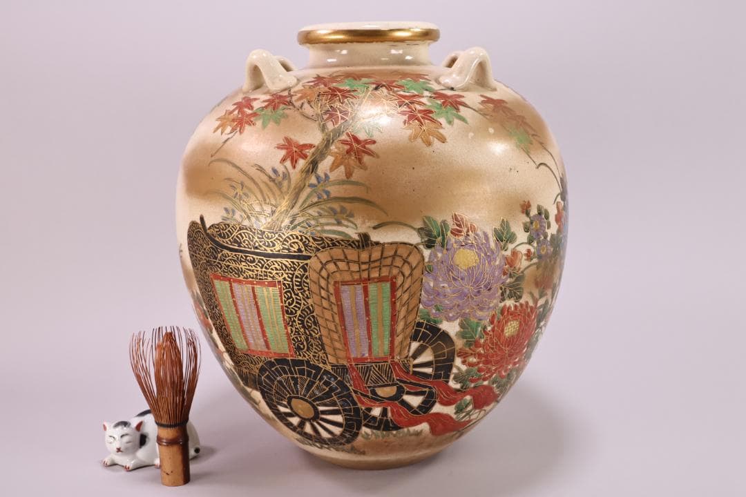 仁清 写　 色絵 金雲菊花御所車図　四耳壺　茶壺　花瓶　壷　花器　BK49