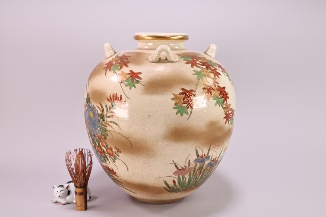 仁清 写　 色絵 金雲菊花御所車図　四耳壺　茶壺　花瓶　壷　花器　BK49