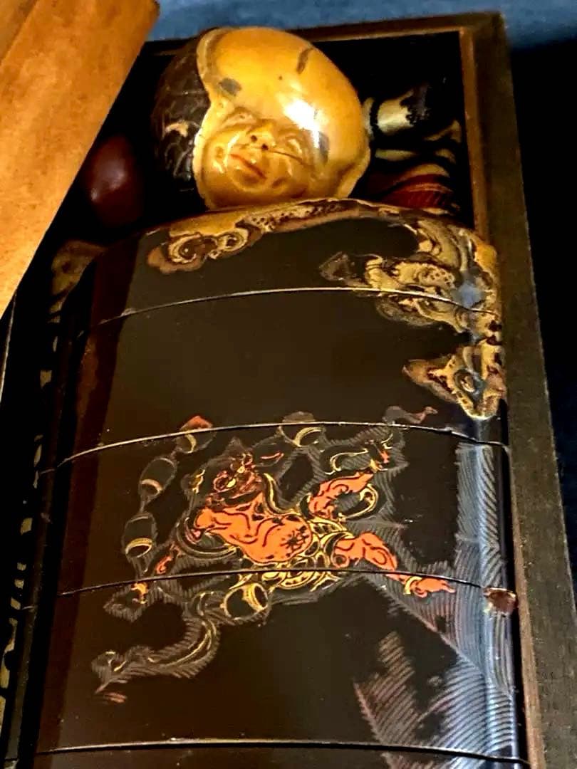 江戸時代　蒔絵鬼図内梨地印籠　共箱　128g 東Y7-0328☆2Fトコカ