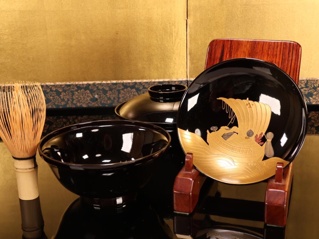 BK407　時代輪島塗　宝船図金蒔絵　波千鳥　吸物椀　二客　木製　茶道具 懐石