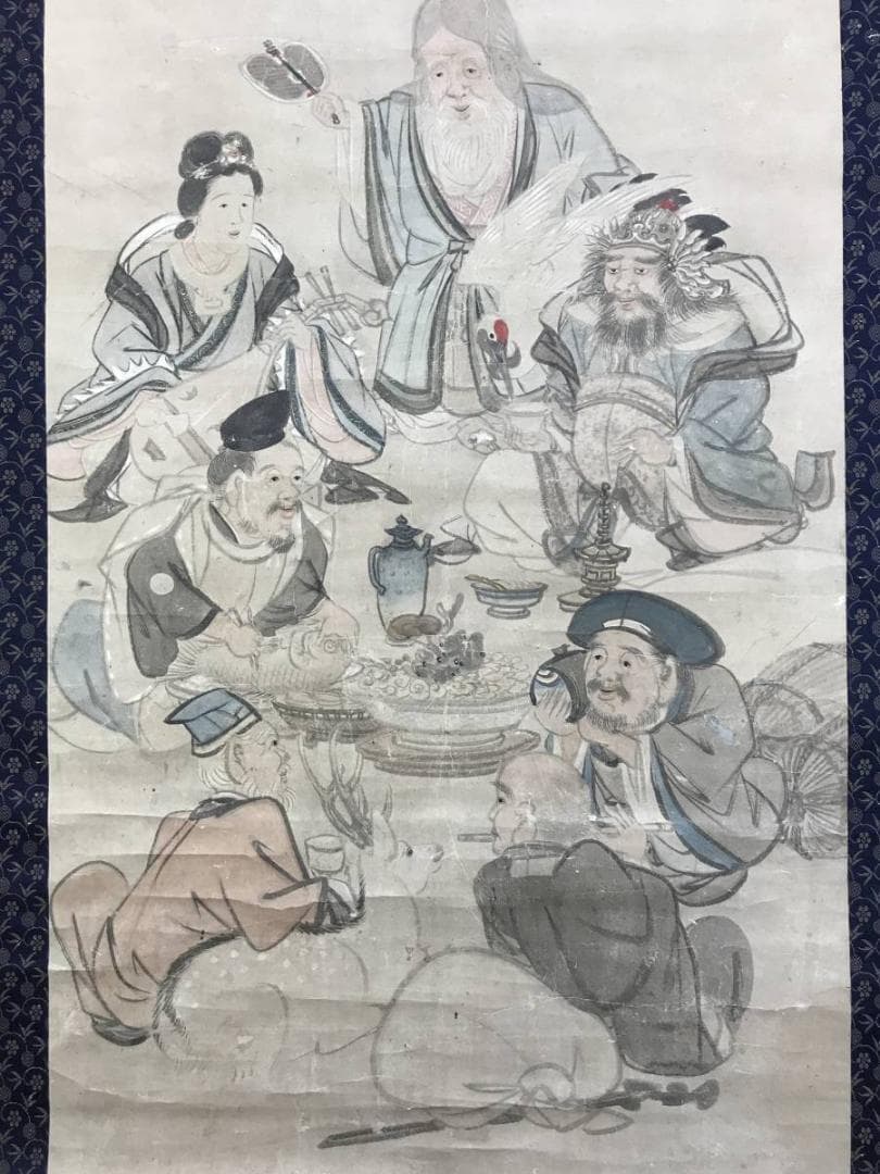 真作/柴田義董/七福神図/人物図/掛軸☆宝船☆AE-430