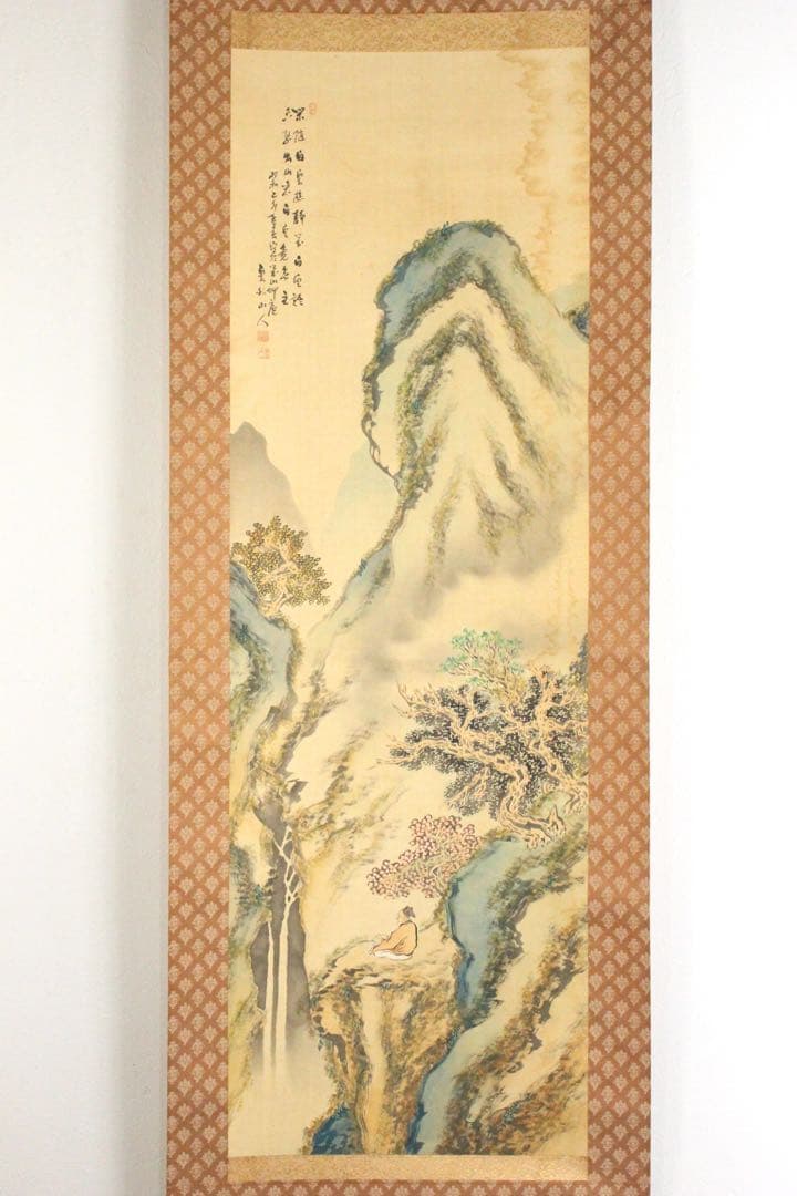 No5217 掛軸　雲外山人　在銘　青緑山水人物画　山水　着色絹本　送料無料