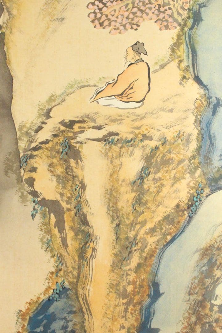 No5217 掛軸　雲外山人　在銘　青緑山水人物画　山水　着色絹本　送料無料