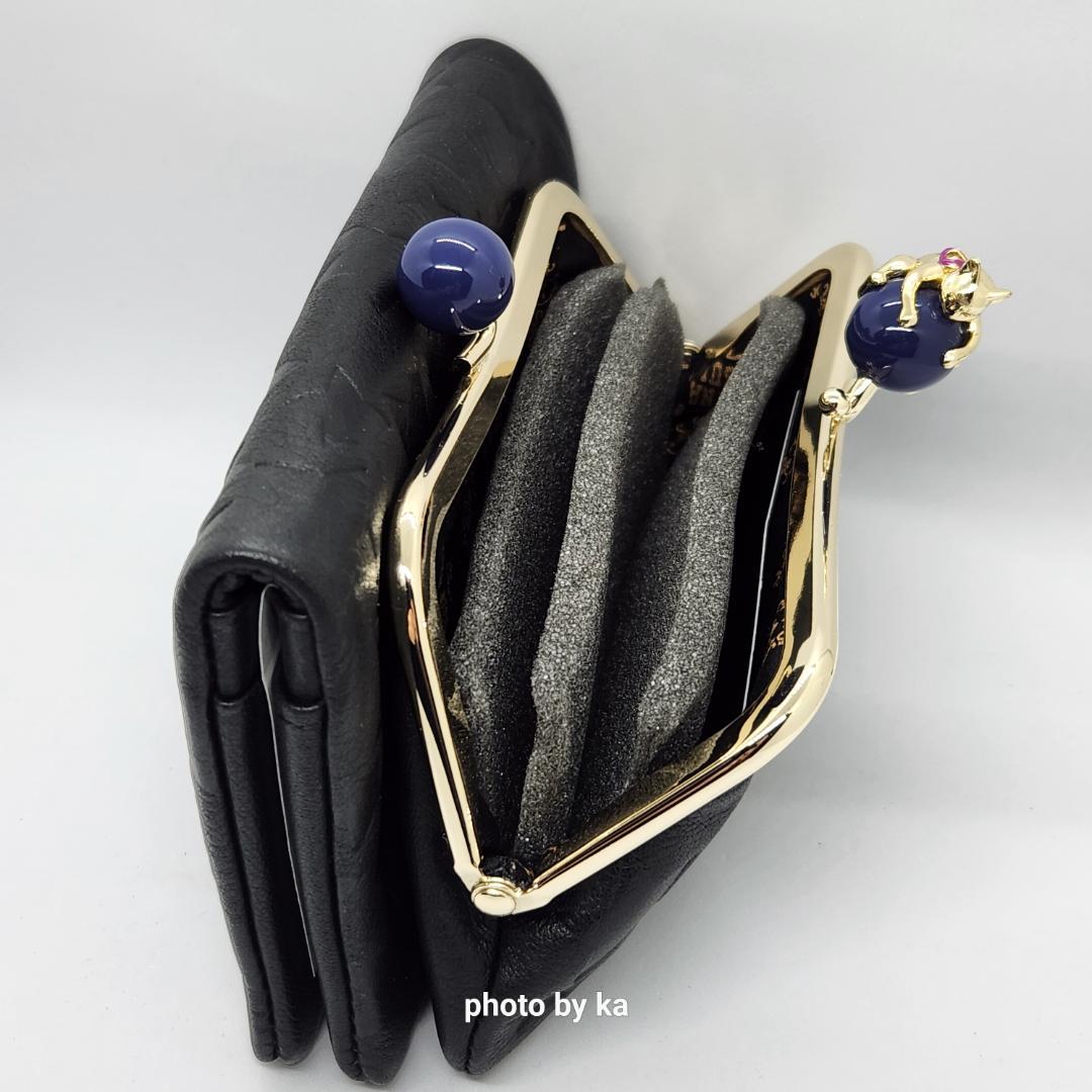 ブラック 新品 アナスイ ANNA SUI がま口 折り財布 プレイングキャット