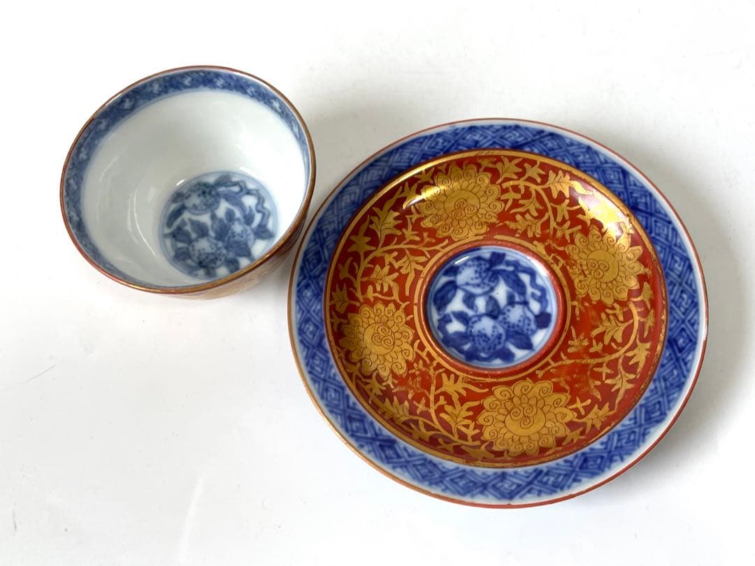 陶芸家　作家物　須田菁華　青華　金襴手台付盃　煎茶碗　杯　カップ　共箱　魯山人