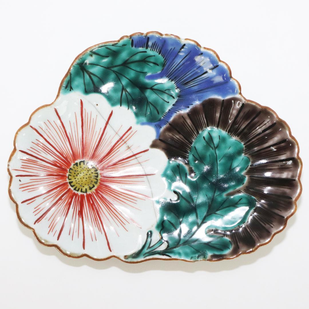 古九谷 変形皿 花 直し有り　箱付き